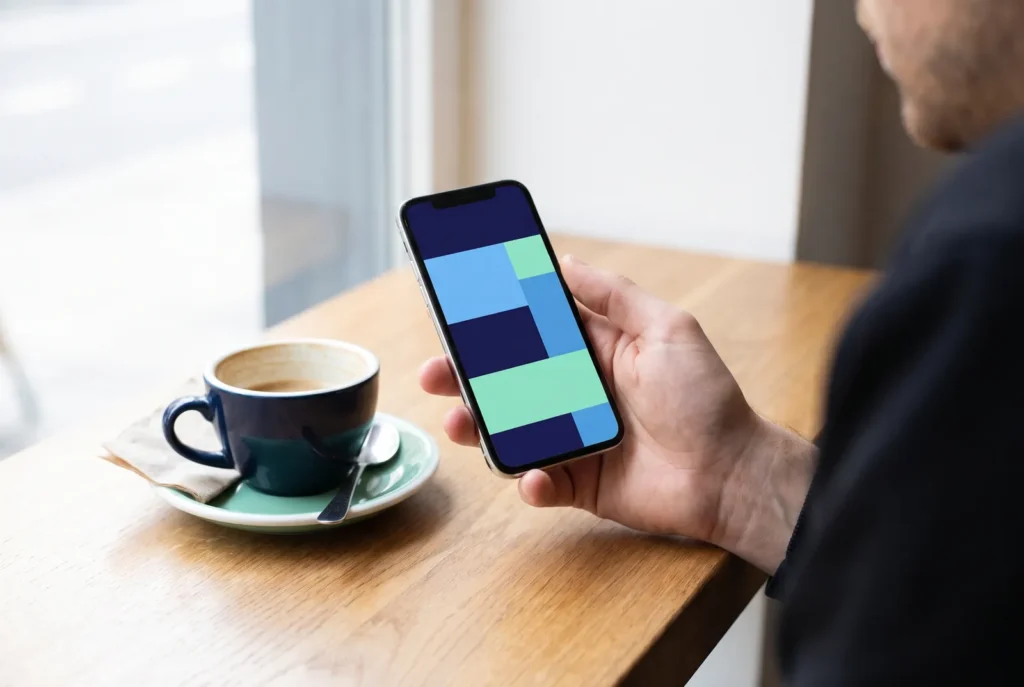 Hand hält ein Smartphone mit einer schematischen Kalenderansicht neben einer Kaffeetasse