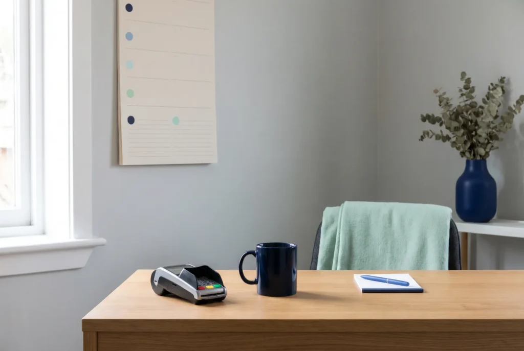 Schreibtisch in einer Praxis mit Wandplaner, Kartenterminal und Kaffeetasse