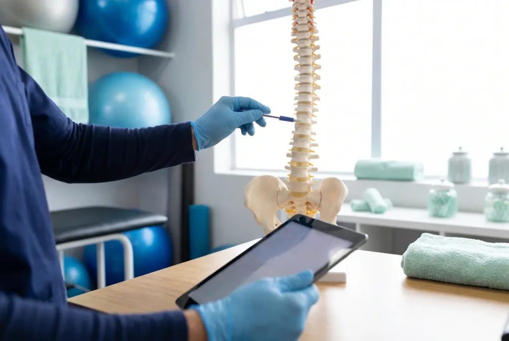 Hand einer Physiotherapeutin zeigt auf ein Wirbelsäulenmodell, die andere Hand hält ein Tablet