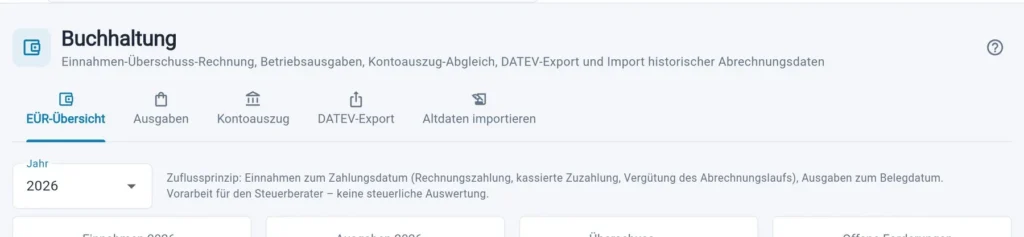 Buchhaltung in Thera X mit EÜR-Kennzahlen, Ausgaben, Kontoauszug-Abgleich und DATEV-Export