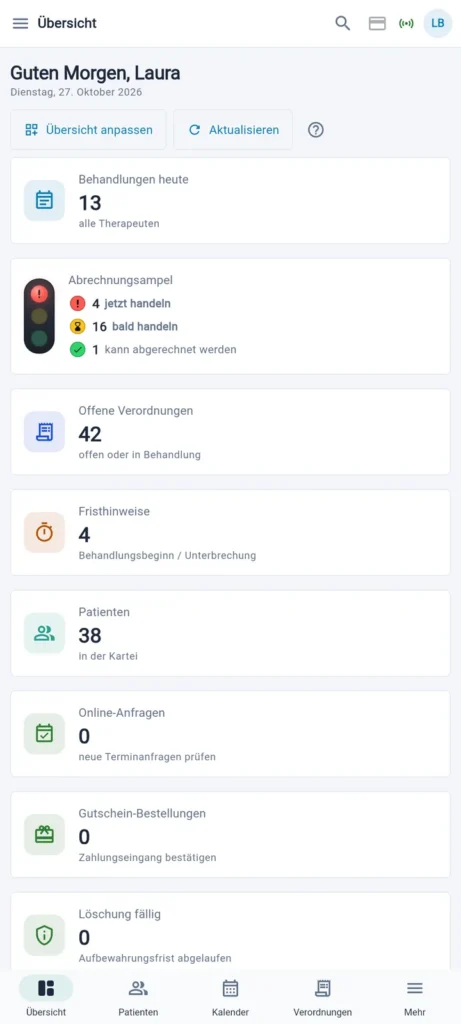 Übersicht der Praxissoftware Thera X auf dem Smartphone mit Abrechnungsampel
