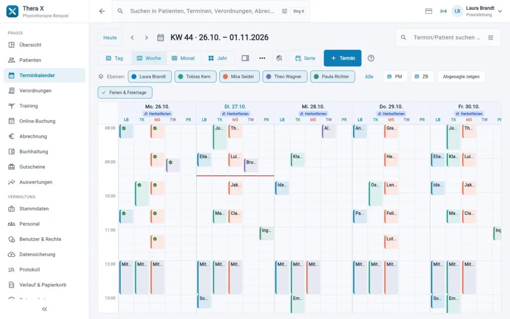 Terminplaner der Praxissoftware Thera X in der Wochenansicht mit fünf Therapeuten