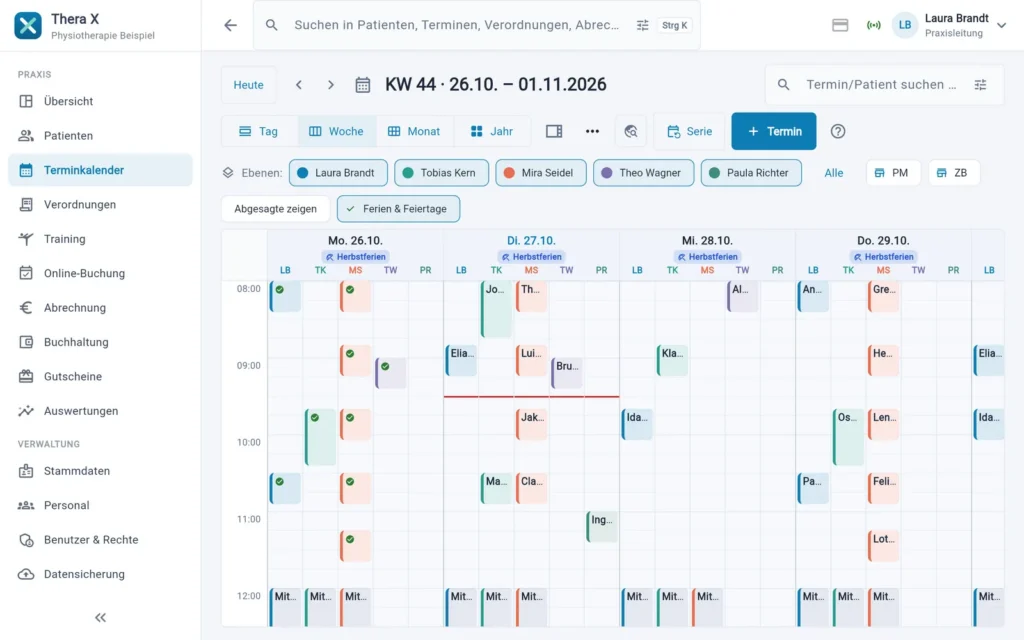 Terminkalender der Physiotherapie-Software Thera X auf dem Tablet